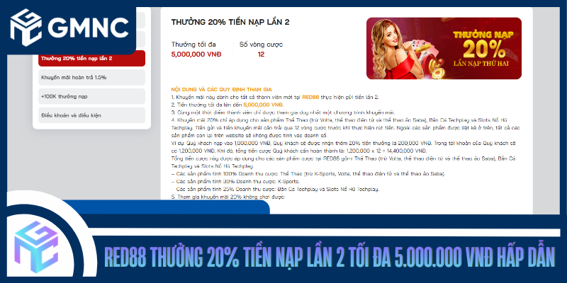 Red88 Thưởng 20% Tiền Nạp Lần 2 Tối Đa 5.000.000 VNĐ Hấp Dẫn