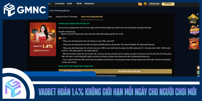 Vaobet Hoàn 1.4% Không Giới Hạn Mỗi Ngày Cho Người Chơi Mới